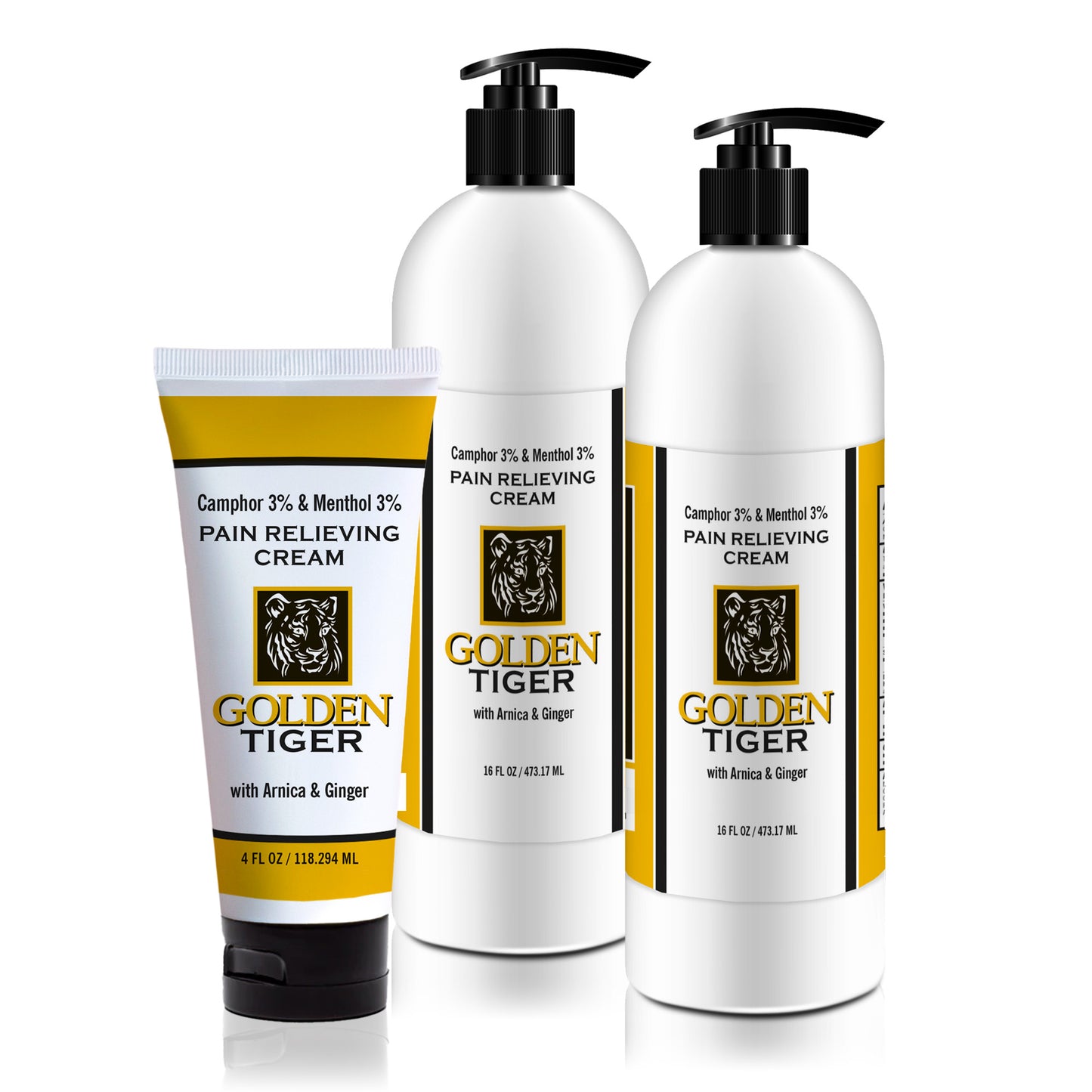 Golden Tiger Pain Relieving Cream - Buy 2 - 16oz Pumps,  get 1 Free 4oz Tube