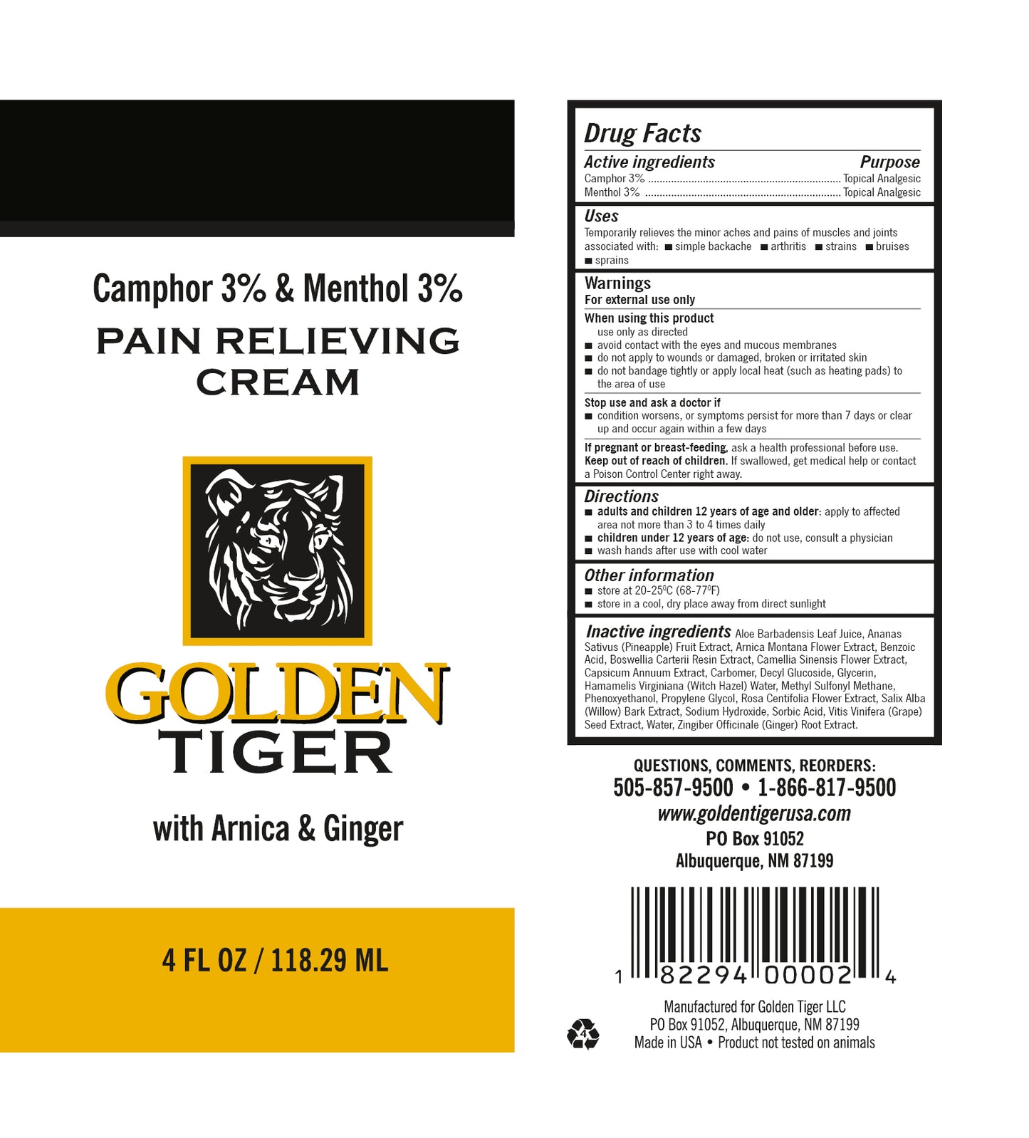 Golden Tiger Pain Relieving Cream - Tube 4oz