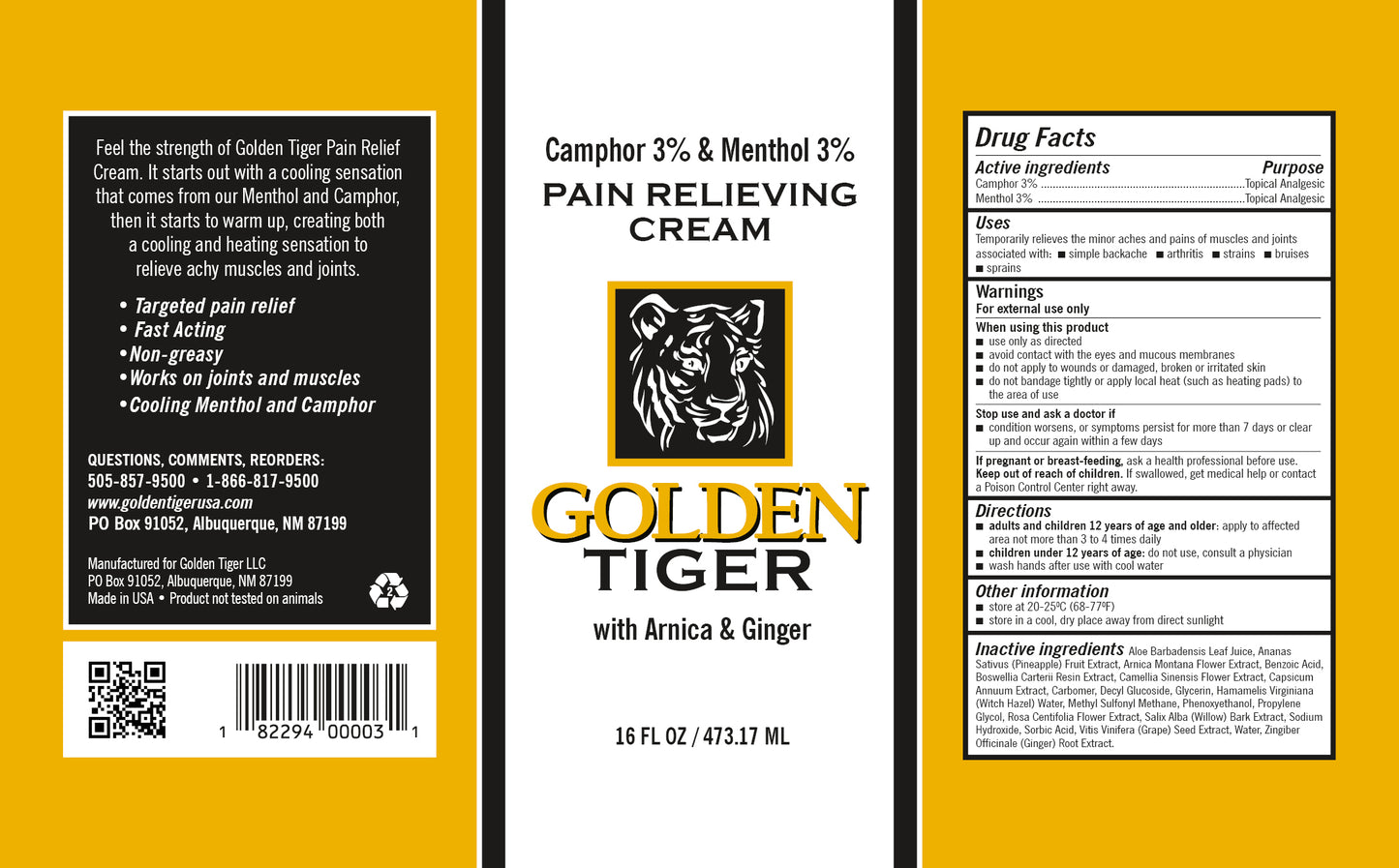 Golden Tiger Pain Relieving Cream - Buy 2 - 16oz Pumps,  get 1 Free 4oz Tube